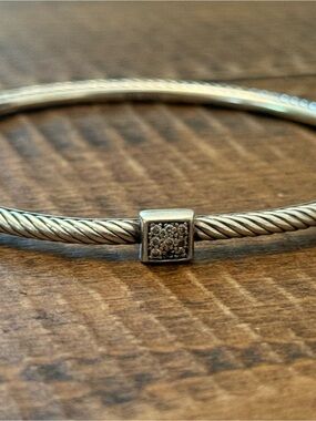 David Yurman Silver Cable Bracelet with Pavé Square Accent